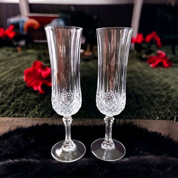 Cristal D Arques Longchamp Champagne Flutes Pair Diamax Crystal Clear France - Picture 8 of 16